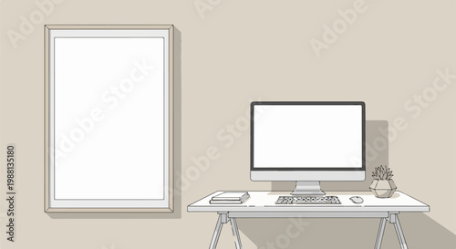 Minimalist office setup with a framed blank picture and a computer