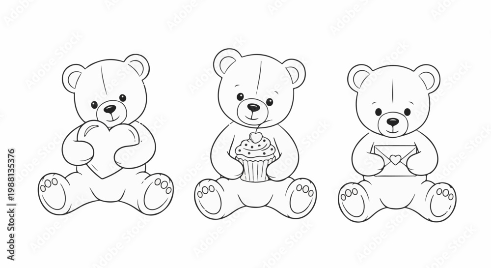 Obraz premium Three line art teddy bears sit holding a heart, a cupcake, and an envelope