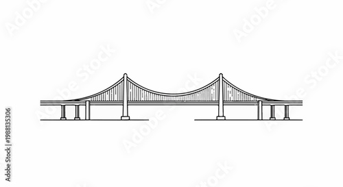 Sketch of a suspension bridge with towers and supporting piers