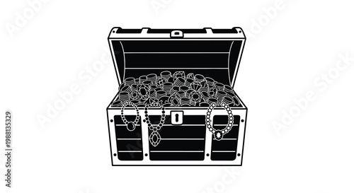 An open treasure chest overflowing with jewels and gold black silhouette