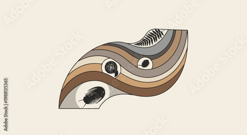 Stylized wavy earth layers reveal ancient fossils, including trilobites, ammonites, and ferns