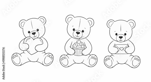 Three line art teddy bears sit holding a heart, a cupcake, and an envelope
