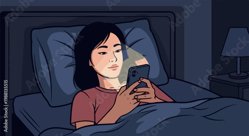 Young woman lying in bed at night, illuminated by phone screen
