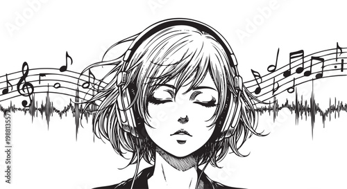 Girl Listening to Music with Headphones and Musical Notes