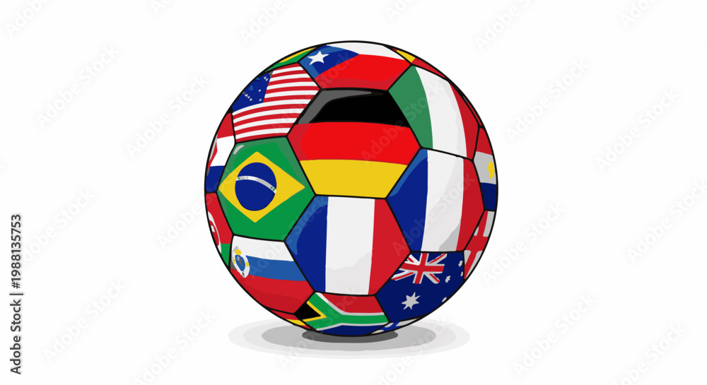 Obraz premium Soccer ball with panels displaying various national flags, isolated on white