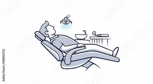 Person reclining in dental chair with lamp, sink, and instruments nearby