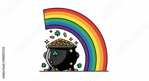 A pot overflowing with gold coins sits under a rainbow with shamrocks