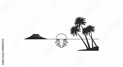Silhouette of a volcanic island and palm trees at sunset over the ocean