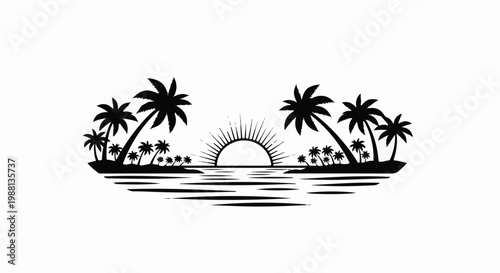 Silhouette of a tropical island scene with palm trees and a sunburst over water