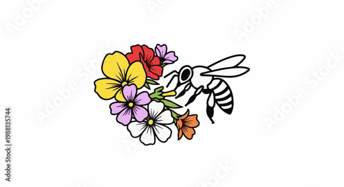Stylized bee collecting nectar from colorful wildflowers