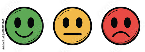 Emoji face vector set, clean minimalist emoticons showing happy, neutral, and sad faces in colorful style for rating systems, customer feedback
