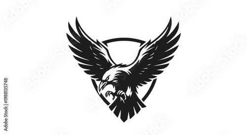 A stylized black eagle with wings spread, inside a shield emblem