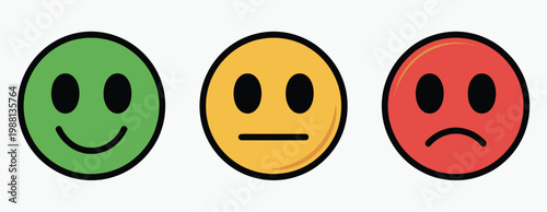 Emoji face vector set with happy neutral sad expressions, modern flat illustration style icons representing emotion states for feedback systems