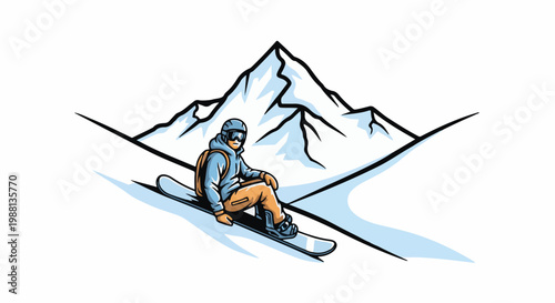 Snowboarder rides down a snowy mountain slope with a backpack