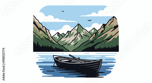 Serene mountain lake scene with a solitary boat and distant peaks