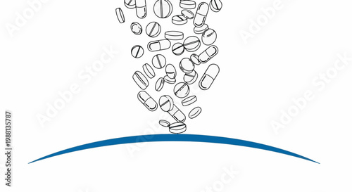 Pile of various pills and capsules falling in sketch style onto blue curve