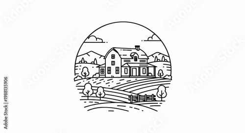 Minimalist line art depicts a rural farmhouse scene within a circular frame