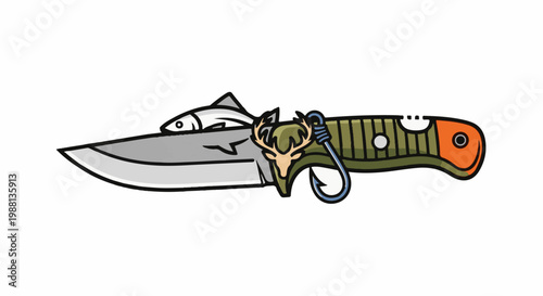 Hunting and fishing knife with fish and deer head emblem