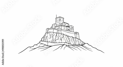Medieval fortress perched atop a rocky, barren mountain