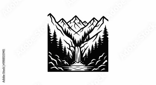 Majestic mountain landscape featuring a waterfall cascading through dense pine trees