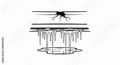 Dripping icicles from a cracked ceiling onto a puddle