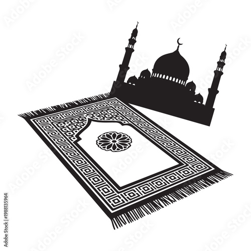 Islamic prayer rug with mosque silhouette in the background