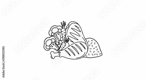 Line art of a roasted chicken leg, broccoli, carrots, and a pile of rice