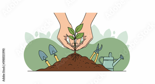 Hands planting a sapling with gardening tools around a mound of soil
