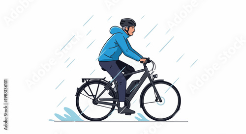 Person cycles on an electric bicycle during a rain shower