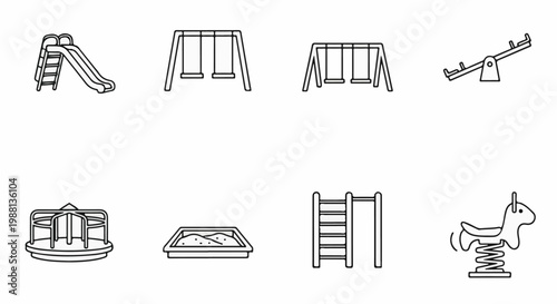 Collection of playground equipment icons including swings, slide, seesaw, merry-go-round, sandbox, ladder, and spring rider