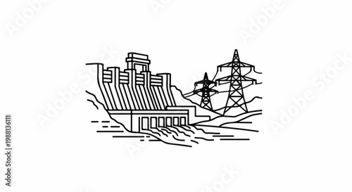 Hydroelectric dam and power lines against a mountainous backdrop