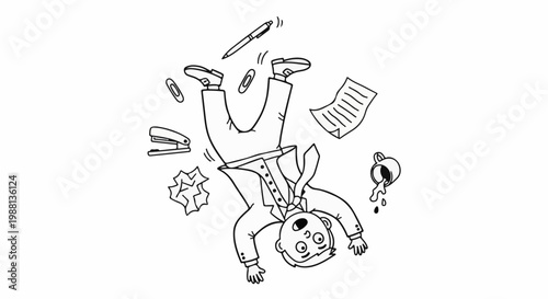 Cartoon man in suit falling amidst scattered office supplies and spilled coffee