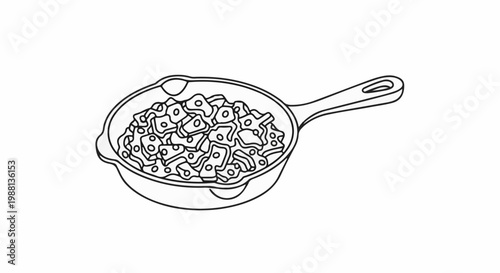Black and white illustration of a cast iron pan filled with square-shaped food
