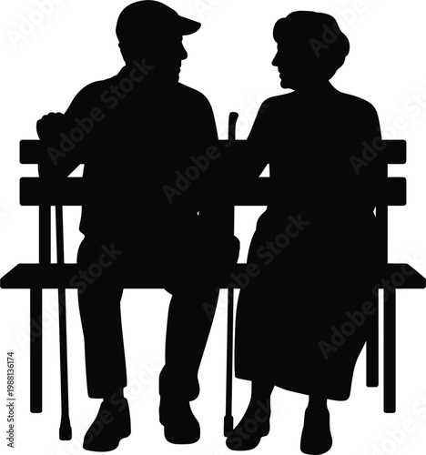 Elderly couple silhouette sitting on park bench with walking sticks talking for retirement and senior community vector