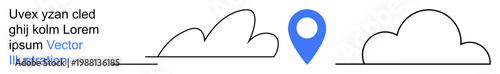 Navigation, geolocation, travel, mapping, localization, digital tools. Minimalist clouds and a blue location pin. Navigation and geolocation concepts conveyed with modern simplicity