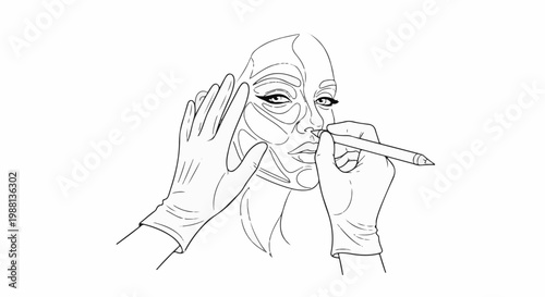 Hands applying makeup or creating a stylized face design with a pencil