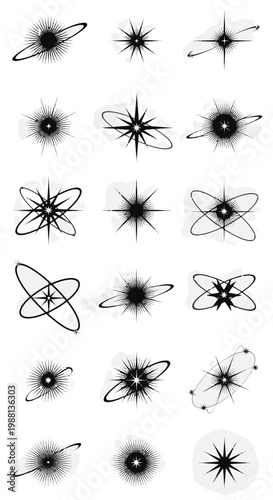 Diverse Abstract Starburst Elements with Orbital Rings for Design Projects