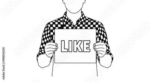 Person wearing checkered shirt holding a sign with the word "LIKE