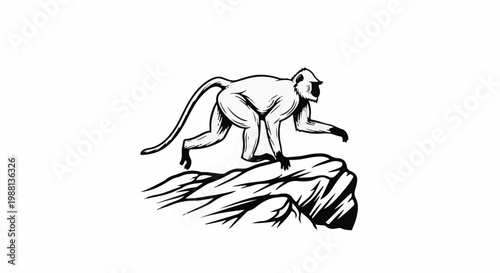 Black and white illustration of a monkey on a rocky ledge
