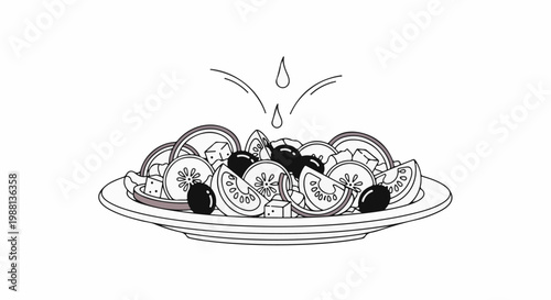 Fresh salad with olives, tomato slices, cucumber, and falling dressing on a plate