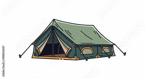 A green canvas camping tent with open entryway and windows
