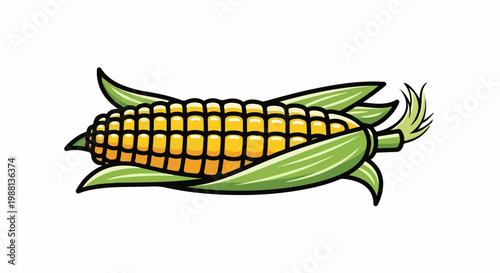 A vibrant yellow corn cob, partially husked, with green leaves