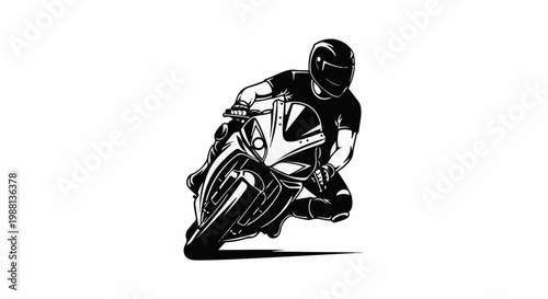 Stylized black and white illustration of a motorcycle racer leaning into a sharp turn