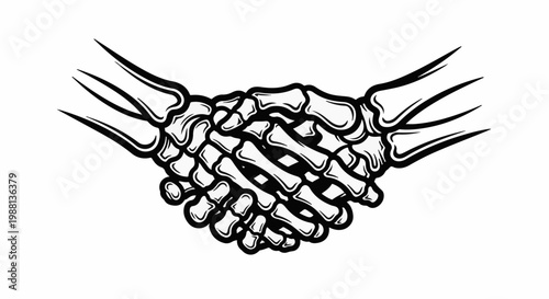 A stark black and white illustration of two skeletal hands shaking, graphic