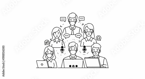 Diverse group of professionals collaborating online, wearing masks, using laptops and microphones for communication