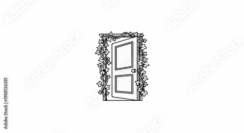 A stylized line art illustration of an open door with vines and leaves