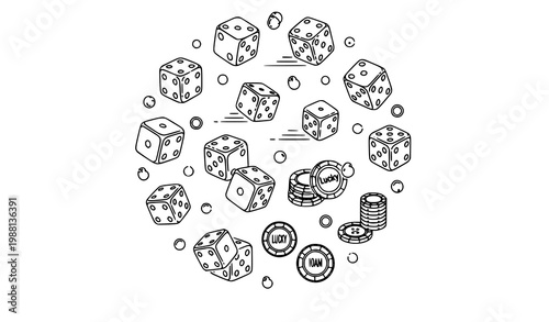 Modern dice outline icons with gaming cubes and casino symbols vector set