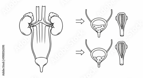 Diagram illustrating human urinary system and bladder function with kidney illustration