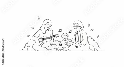 A mother, grandmother, and child enjoy music together outdoors