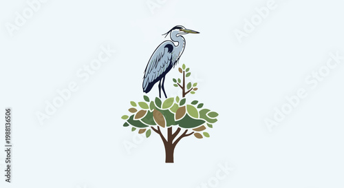 A gray heron stands perched atop a stylized tree with lush foliage